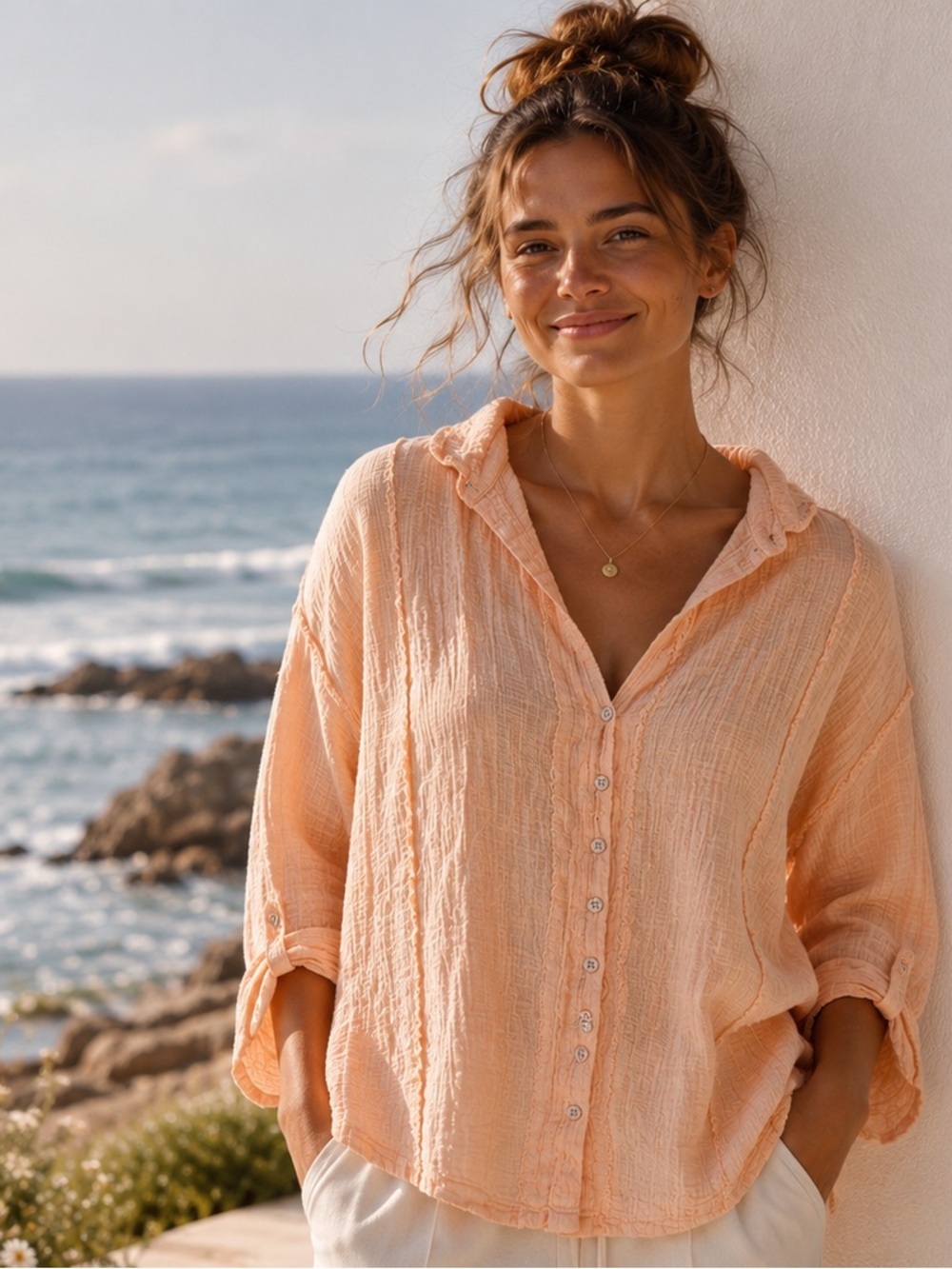 We The Free XS peach cotton gauze long sleeve button down shirt great pre owned
